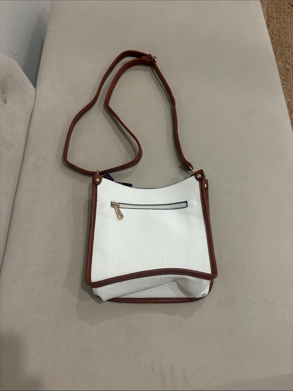 White and Brown Trim Crossbody Bag - Sleek Everyday Shoulder Bag